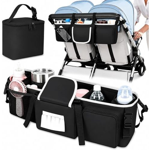 Double Stroller Organizer,Universal Parent Console Double Jogging Stroller Organizer with 10 Storage Pockets,6 Adjustable Secure Straps,Strong adhesion design Make,Anti-Tilt & Anti-Sag Design