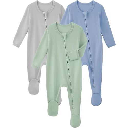 Yoofoss Rayon Made From Bamboo Baby Pajamas 3pcs Newborn Sleepers For Boy Girl Clothes, 0-3 Months Footed Pajamas Zipper Baby Pjs with Mitten,Green&grey&blue