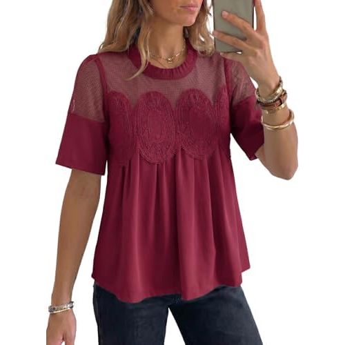 Dokotoo Women's Lace Blouse Flared Short Sleeve Embroidered Mesh Shirts