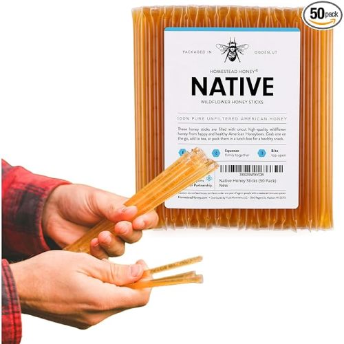 Homestead Honey 50-Pack Honey Sticks - Sweet Pure Wildflower Honey Packets for Tea and Snacks - Single Serve Natural Sweetener Straws - Easy Open for Travel, Lunchboxes, and On-the-Go Use