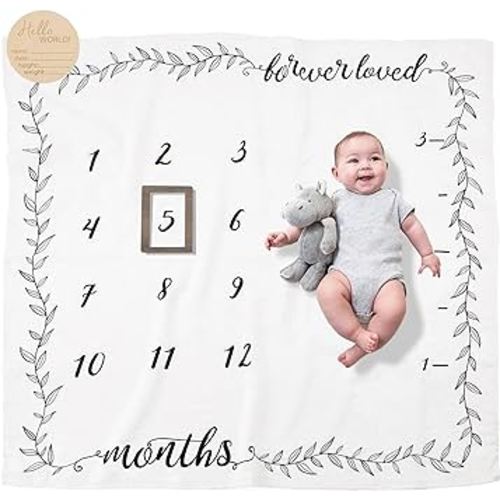 Pondering Pine Organic Baby Monthly Milestone Blanket Boy or Girl - Months Blanket with Wood Frame and Newborn Announcement Disc - Growth Chart for 1-12 Month Milestones, Gender Neutral, 47”x47”
