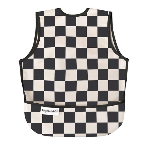 Tiny Twinkle Mess Proof Baby Bib for Boys | Waterproof Toddler Bib for Eating | Baby Apron for Feeding, Machine Washable | Perfect Shower Gift (Black Checkers, 2-4Y)