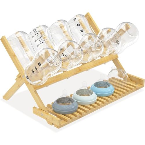 DSVENROLY Baby Bottle Drying Rack Foldable Vertical Bamboo Milk Bottle and Accessories Organizer for Busy Parents, Maximizes Space, Quick Drying, Easy Cleanup & Storage (Bamboo)