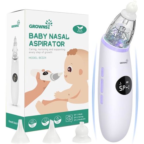 GROWNSY Nasal Aspirator for Baby | Baby Nose Sucker | Electric Nose Suction for Toddler, Ergonomic Booger Sucker with 3 Silicone Tips, Music & Light Soothing Function(White)
