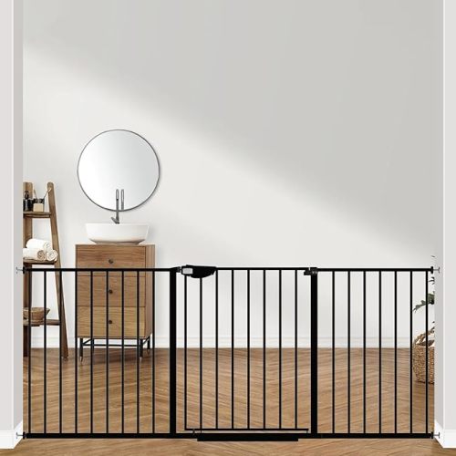 ALLAIBB Triple Lock Extra Wide Baby Gate Pressure Mounted Walk Through Safe Auto Close Black Metal Dog Pet Puppy Cat for Stairs,Doorways,Kitchen 68.11-75.98"