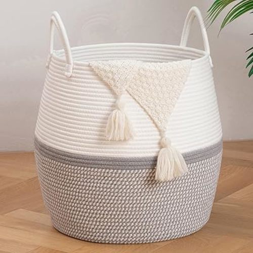 OIAHOMY 60L Blanket Basket with Handle, Storage Basket for Living Room, Laundry Hamper for Clothes, Towels, Pillows, Toy Storage for Kids and Dogs, Baby Hamper for Nursery - Grey & White