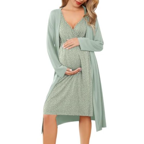Ekouaer Maternity Nursing Gown and Robe Set Labor Delivery Nightgowns | Birthing Hospital Gowns, Skin-friendly, Postpartum Clothes, Split Front Flap, Elastic Waistline, Perfect for Pregnant Mommas