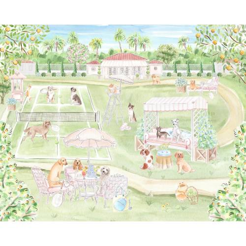 Nursery Art print Dogs playing Tennis // Jungle Print // Tropical print  // Kids Playroom // Pink Nursery art // Grandmillennial