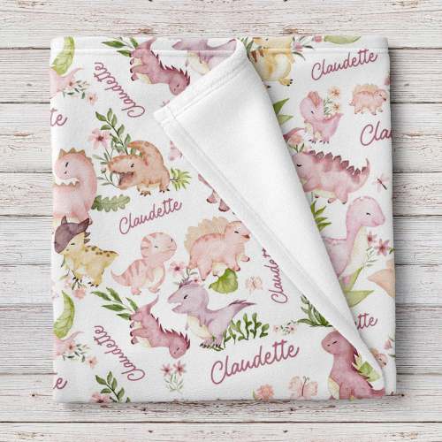 Dinosaurs pink personalized baby girl blanket