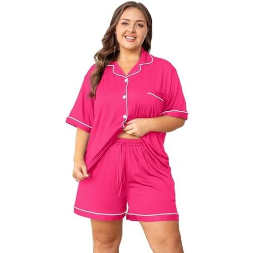 Vozanet Women's Plus Size Button Down Pajamas Soft Lounge Sets Shorts with Pockets Bride Nighty Solid Soft Pjs 1x to 5x