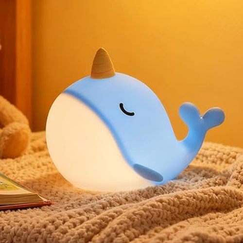Cute Narwhal Night Light Lamp, 7 Colors Touchable Squishy LED Light, USB Rechargeable Silicone Nursery Whale Night Lamp for Room Decor Birthday Gift for Toddler Women Adult