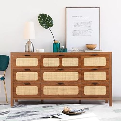 9 Drawer Dresser with Rattan Finish, Modern Farmhouse Chest of Drawers with Metal Handles, Accent Wood Storage Cabinet for Bedroom, Living Room and Kitchen (Walnut)