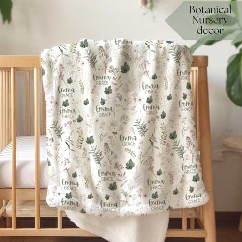 Floral crib bedding personalized woodland theme nursery decor rustic blanket for baby Botanical Nursery girl Sage green Nursery blanket gift