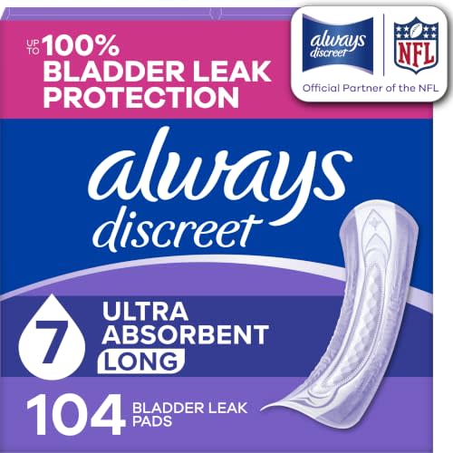 Always Discreet Adult Incontinence Pads for Women, Drier, 7 Drop Long Length, Ultra Absorbency, Pads for Bladder Control Management, Bladder Leaks, Overnight & Postpartum Pads, 104ct