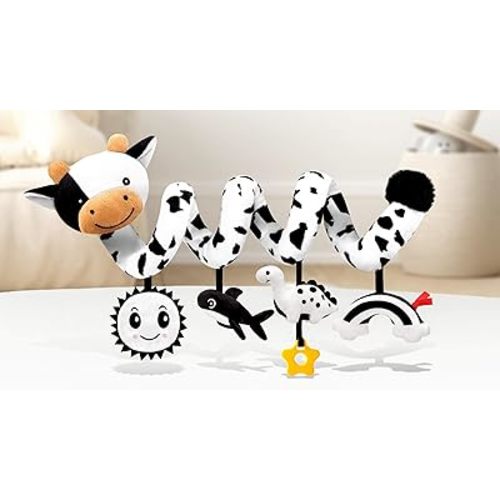 Spiral Car Seat Baby Toys 0-6 Months, Infant Carseat High Contrast Sensory Toys Hanging Stroller Accessories, Newborn for Baby Boys Girls Essentials Stuff, Cute Black and White Cow