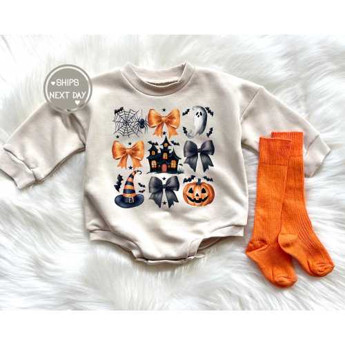 Baby Bubble Romper Halloween Haunted House Baby Girl Halloween Outfit Sweatshirt Romper 1st Halloween Cute Coquette Bow Ghost Coquette Bow