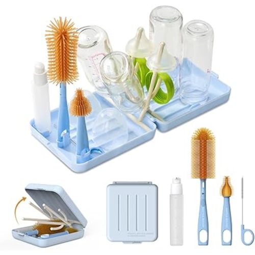 Travel Bottle Brush with Portable Bottle Drying Rack, Baby Bottle Brush for Baby Travel Essential, Blue