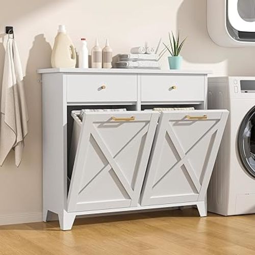 Tilt Out Trash Can Cabinet, 2x10 Gallon White Double Metal Laundry Hamper with Drawers, Hidden Garbage Can Cabinets, Pet-Proof Trash Cabinets for Kitchen, Laundry Room