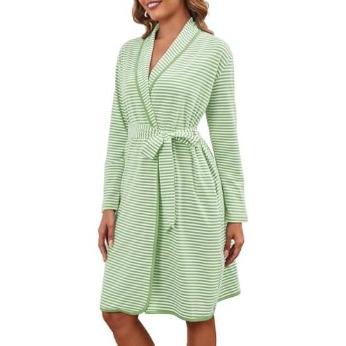 Cotton Robes for Women Striped Long Sleeve Kimono Bath Robe Lightweight House Coat Bathrobe Loungewear with Pockets