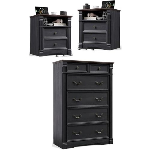 Bedroom Sets 3 Pieces, Farmhouse 6 Drawer Dresser and Nightstand Sets for Bedroom, Wood Bedroom Furniture Set for Living Room, Black