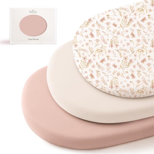 Konssy 3 Pack Stretchy Bassinet Sheets for Baby Girls and Boys, 32"x16" | Silky-Soft & Breathable, Bassinet Mattress Sheet, Compatible with Halo Bassinest Swivel Sleeper, Graco, Snoo (Pink Spring)