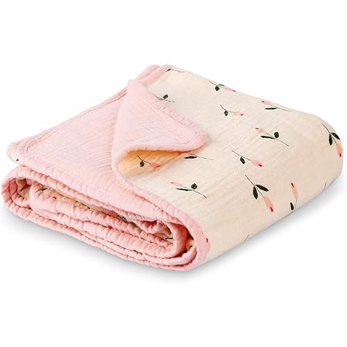 Muslin Baby Blanket Crib Blanket, Double-Sided for Girls, 40x40 Inch - Pink & Floral Print Quilt Blankets, Soft Breathable Toddler Blanket for Infants & Toddlers, Naptime/Bath/Stroller