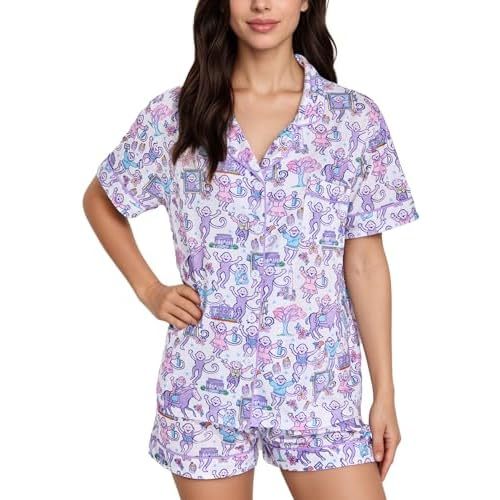 Women's Pajamas Set Button Down Ladies Summer Pajamas Monkey Printed Sleepwear Short Sleeve 2 Pc Pjs for Birthday Gift