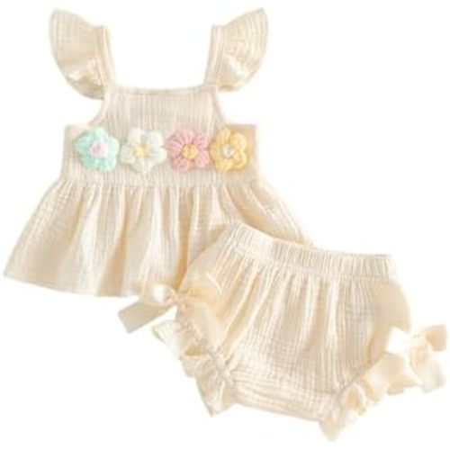 Newborn Girl Clothes Baby Summer Outfit 3D Floral Fly Sleeve Ruffle Tank Tops Matching Cute Bow Shorts Outfits Set