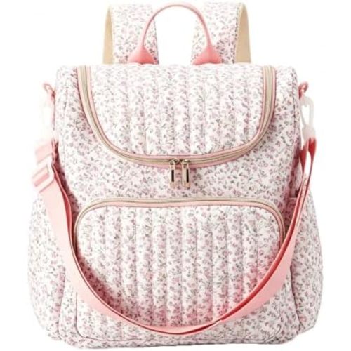 Quilted Diaper Bag Backpack Large Floral Puffy Backpack Multi-compartment Baby Storage Backpack for Travel Hospital