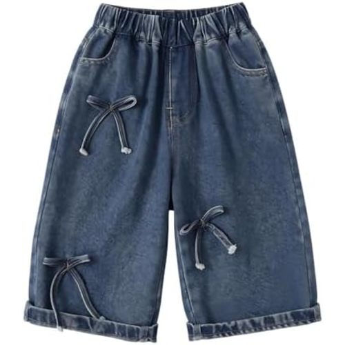 Girls Baggy Bow Jeans Wide Leg Elastic Waist Denim Pants Kids Loose Fit Trousers Teen Vintage Y2K Streetwear Outfit