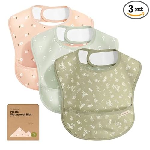 KeaBabies 3-Pack Waterproof Baby Bibs for Eating - Lightweight Toddler Feeding Bibs with Large Food Catcher, Mess Proof, Food-Grade Baby Eating Essentials, Easy to Put On & Clean (Bloom) | Toddler Feeding Bibs with Large Food Catcher, Mess Proof, Food-Gra