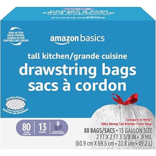 Amazon Basics Ultra-Force Tall Kitchen Drawstring Trash Bags, Lavender Scented, 13 Gallon, Tear Resistant, Odor Neutralizing, 80 Count