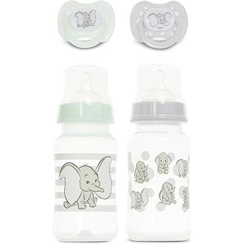 Disney Baby Bottles and Pacifiers Set – 2 Hourglass-Shaped 11oz Bottles + 2 Orthodontic Pacifiers – Officially Licensed Mickey, Minnie, Pooh & Dumbo Designs – BPA-Free Feeding Gift Set
