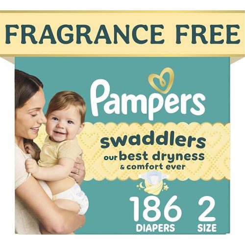 Pampers Swaddlers Diapers, Size 2 (10-22 lbs), 186 Count, Fragrance Free, Hypoallergenic, Absorbent, Pediatrician Recommended, Skin Safe