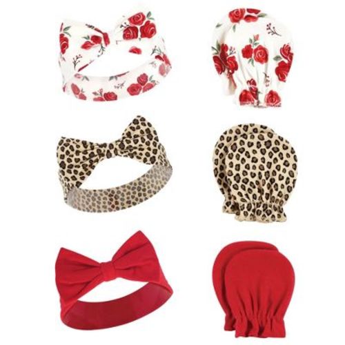 Hudson Baby Infant Girl Cotton Headband and Scratch Mitten Set, Rose Leopard, 0-6 Months