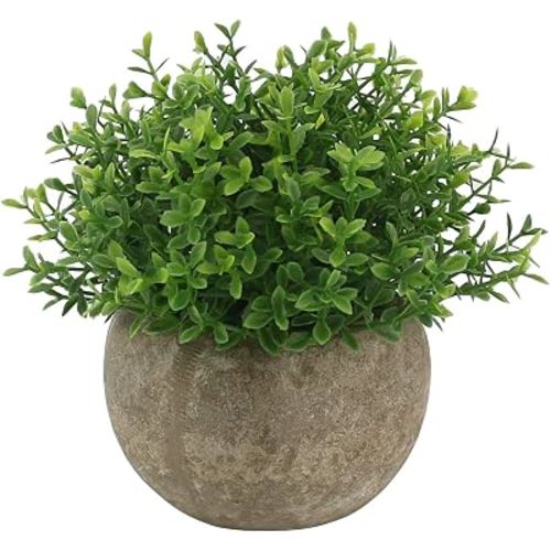 Ogrmar Mini Plastic Faux Plants in Pot/Small Topiary Shrubs Green Leaf