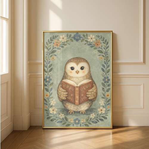 Reading Owl Poster | Cute Owl with Book Wall Art | Floral Wreath Print | Cottagecore Nursery Decor
