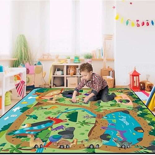 Tinideya Kids Dinosaur Playmat Rugs, 4x6 ft Kids Car Road Carpet with Dinosaur Toy Car, Rubber Backing, Non-Slip, Children Play Mat for Boys Girls Bedroom Playroom Classroom Kindergarten Daycare