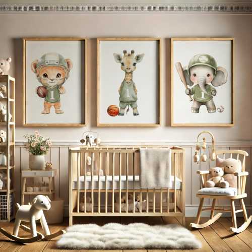 Watercolor safari nursery art print set, Sage green sports nursery kids room decor, baseball, basketball, football, Framed gift, Baby shower