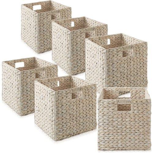 Casafield 12" x 12" Water Hyacinth Storage Baskets, Natural - Set of 6 Collapsible Cube Organizers, Woven Bins for Bathroom, Bedroom, Laundry, Pantry, Shelves