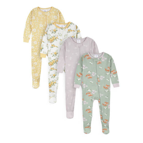 Gerber Baby & Toddler Girl Snug Fit Footed Cotton Pajamas, 4-Pack, Sizes 0/3 Months-5T