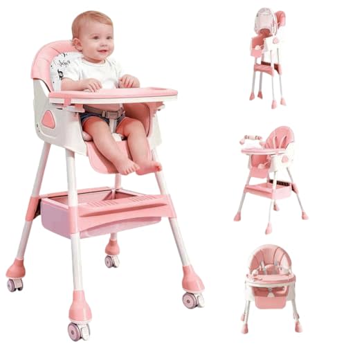 4-in-1 Baby High Chair for Babies & Toddlers, Foldable High Chair with Detachable PU Cushion, Removable Tray, Adjustable Height,Pink