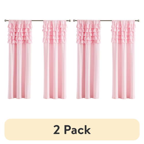 (2 pack) Your Zone Pink Ruffle Reversible Rod Pocket Blackout Curtain Panel, 37" x 84"