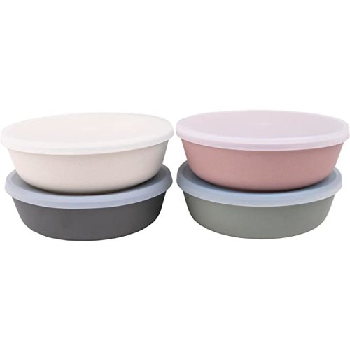WeeSprout Bamboo Kids Bowls with Lids, Set of Four 15 oz Kid-Sized Dinnerware, Cereal, Leftovers & Snack Bowl, Dishwasher Safe (Pink, Green, Gray, & Beige)