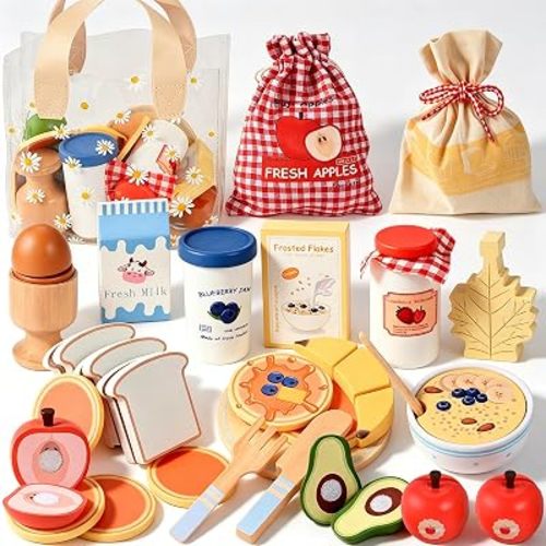 Wooden Play Food Set, Wooden Food for Play Kitchen, Wood Food Toys with Storage Bag, Play Kitchen Accessories, Gift for Girls Boys 3+ Year Old