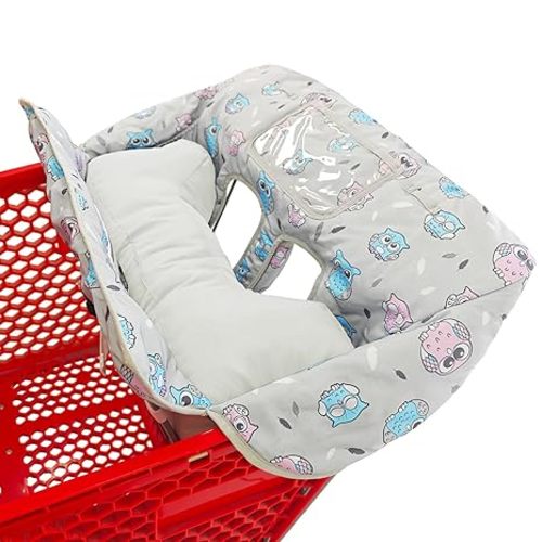 Love&go Soft Pillow Attached 2-in-1 Shopping Cart and High Chair Cover for Baby, Cotton Padded Cart Cover, Fold'n Roll Style, Portable with Carry Bag (Gray Owl)