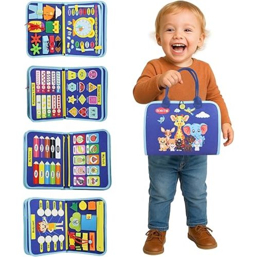 URBAN TOYS Montessori Busy Board - Ideal Busy Book Toddler Toys & Gifts for Boys & Girls, Toddler Travel Essential for Airplane & Car, Sensory Toys, Great for Baby Gifts for Boys