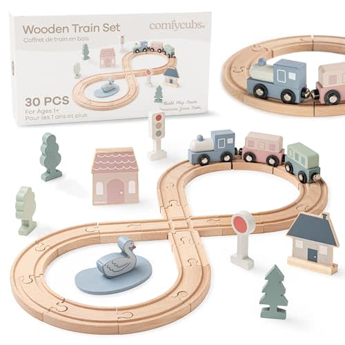 Comfy Cubs 30-Piece Wooden Train Set for Toddlers Ages 1+, Fun & Eco Friendly Toddler Train Set with Wooden Toy Tracks - Creative Toy Town Promoting Imaginative Play with Flexible Configuration