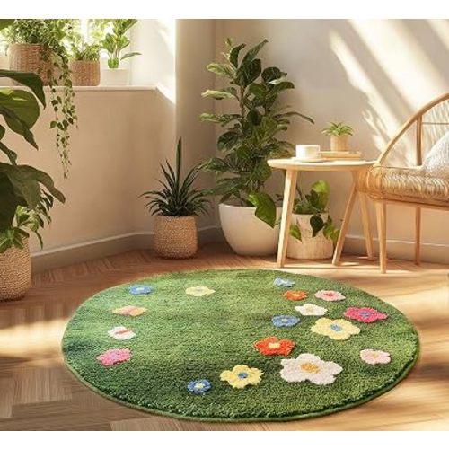 3D Flower Green Moss Round Bathroom Rug,Microfiber Tufted 39in x 39in
