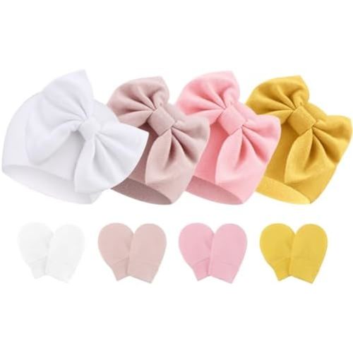 Newborn Baby Hats and Mittens Set Infant Bow Beanie Cap Toddler Gloves Newborn Hospital Hats for Baby Boy Girl 0-6 Months